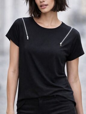 DKNY Black Zip Shoulder Tee Super Soft Short Sleeve Top Size S